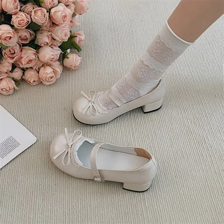 Japanese Cosplay Lolita Sweet High Heels Kawaii Lolita Princess Victoria Bow Round Head Bow Pu Mid Heels Shoes for Women 2023