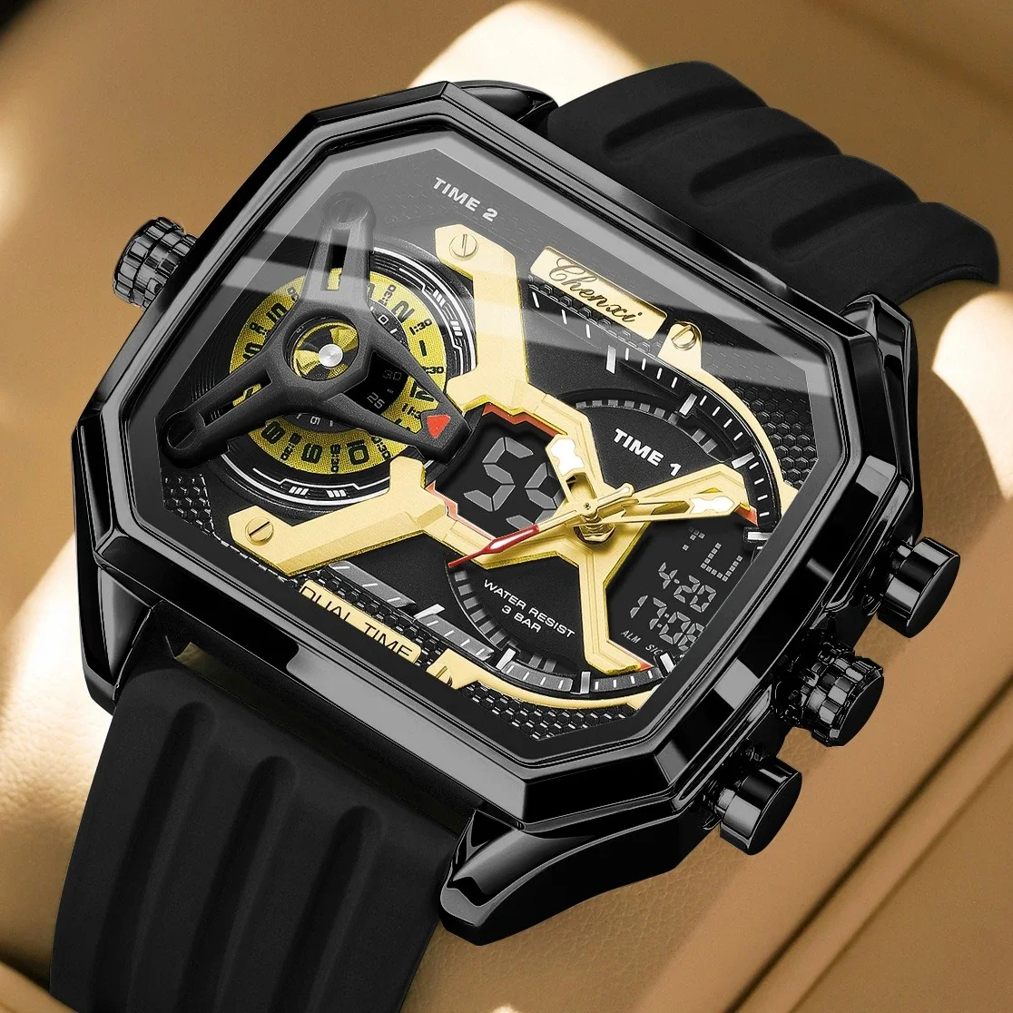 Men's Dual Time Digital Analog Watch Big Dial Sport Chronograph Timer LED Backlight Casual Outdoor Fitness Timepiece