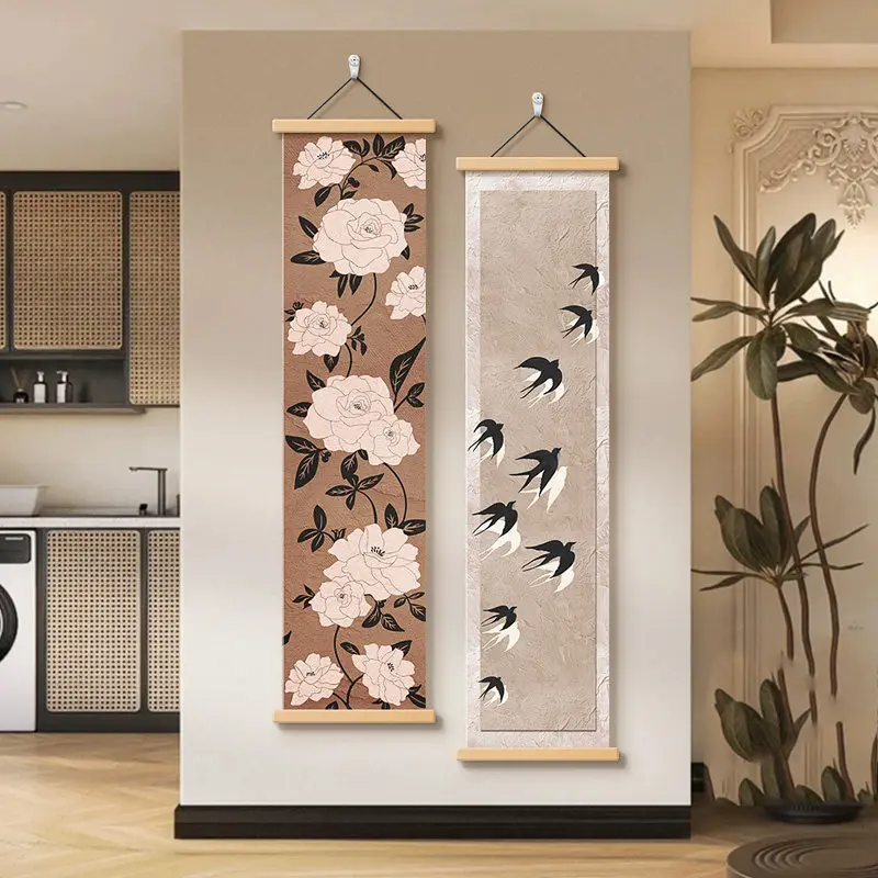 Wall Art Swallows and Flowering Branches Chinoiserie Pearlescent Canvas Hanging Scroll with Wooden Rods for Dining Room