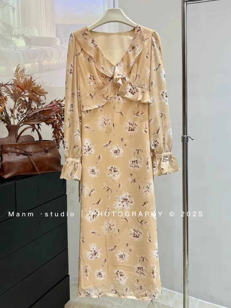 DFDG Women's Spring Summer Yellow Floral Dress Ruffle Detail Long Sleeve Midi Casual Wear 2026 Trendy Feminine Outfit Dress