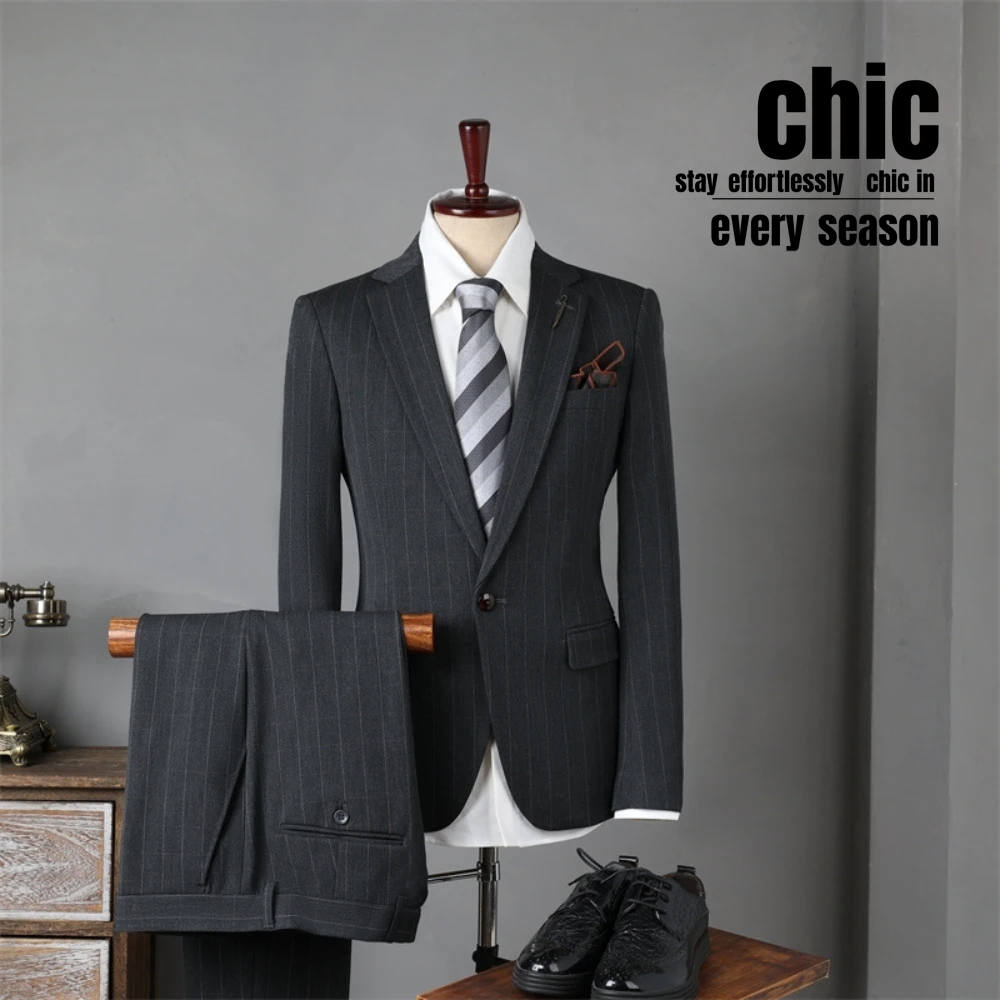 Decent Slim Men's Suit Casual Jacket Pants 2-pieces Mature Set Office Business Tuxedo Stylish Groom Wear Formal Party Outfit