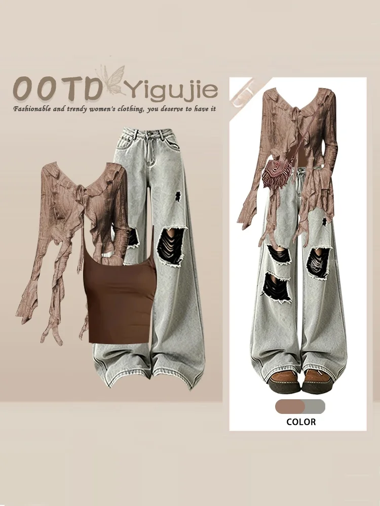 Retro Apocalyptic Long Sleeve Open Cardigan Vest High Waist Ripped Jeans Three Piece Set Women's Autumn Outfit Ensemble