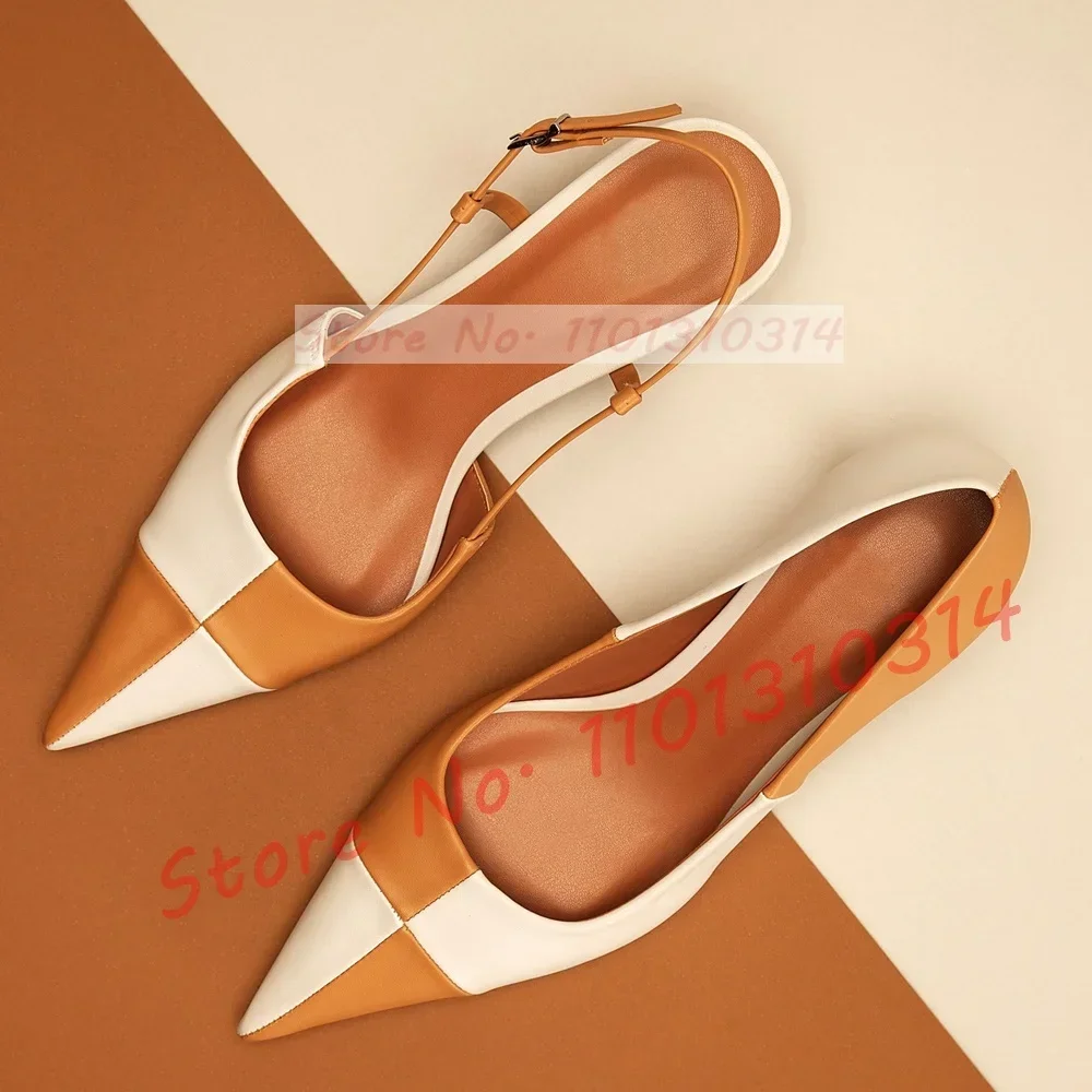 

Two Tone Pointed Toe Sandals Women Summer Sexy Back Strap Kitten Heel Sandals Ladies Concise Trending Party Bare Heel Shoes