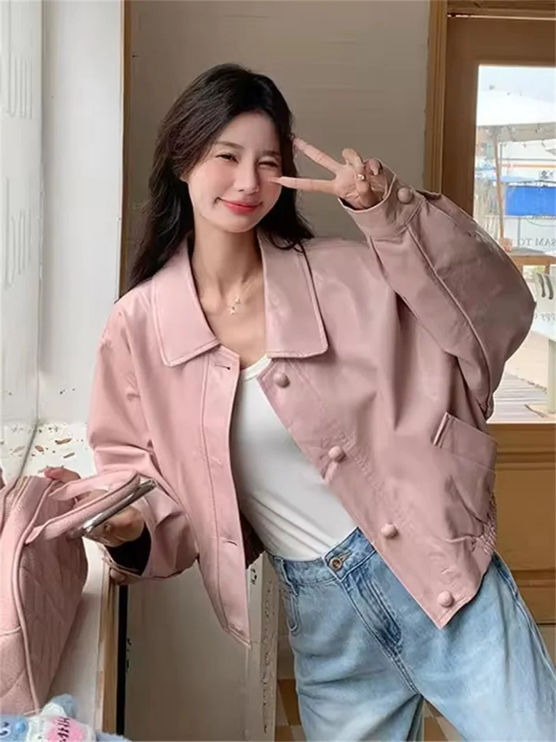 Korean Long Sleeve Pink Leather Jacket Women 2025 Spring Autumn Retro Casual Lapel Commuter Basic Coat Female Motorcycle Jacket