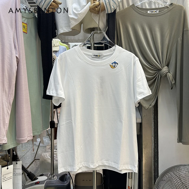 

Simple Y2k Short-sleeved T-shirts Women's Summer Pullover O-neck Loose Regular Versatile Thin Embroidered Top Thin Tees Pullover