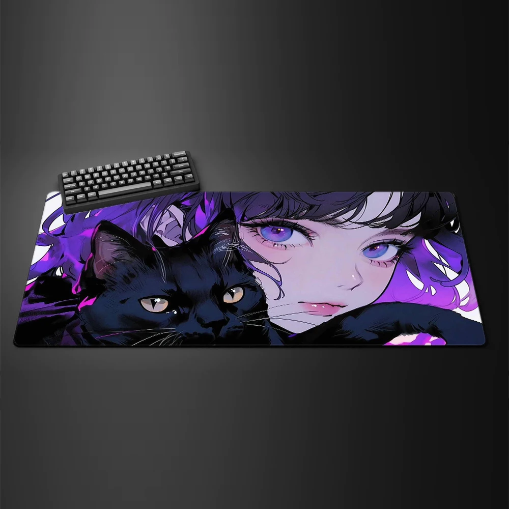 Purple Eyes Girl and Cat Anime Mouse Pad Large Computer Office Game Mats XXL Rubber Anti-slip Gaming Keyboard Mat Long Desk Pads