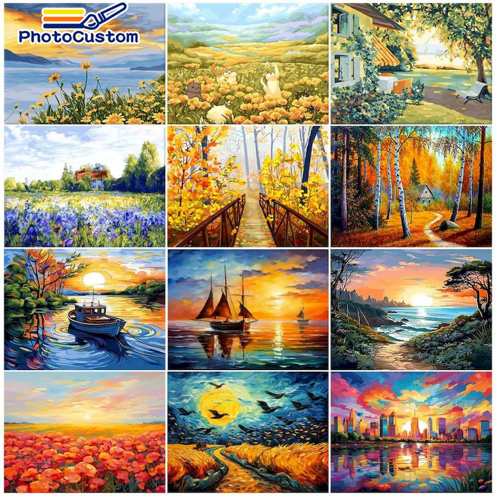 PhotoCustom Oil Paint By Numbers Natural Dusk Landscape On Canvas Diy Frame Picture By Number Kits For Adults Home Decoration