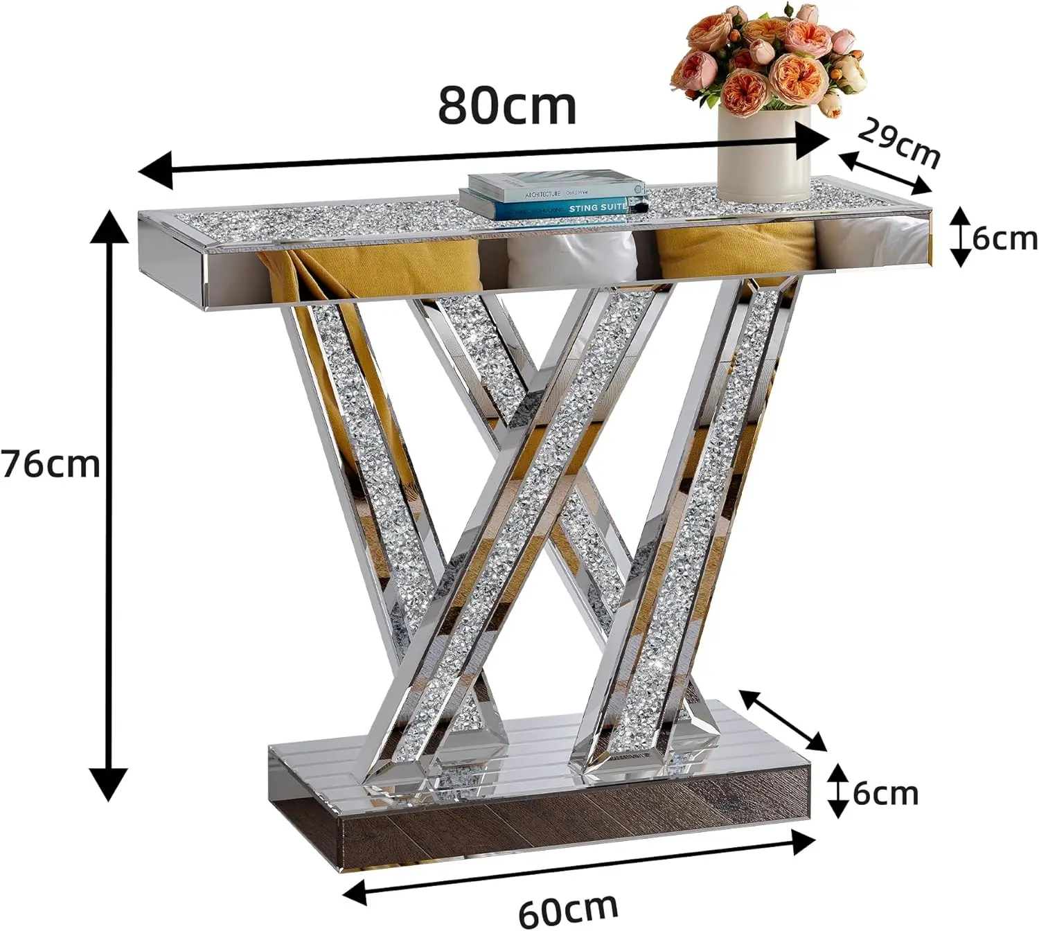 Modern Console Mirrored Finished Glam Style Silver Entryway Table Inlay with Sparkly Crushed Crystals 35 inches Contemporary