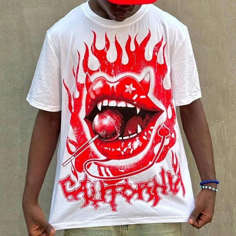 

Devil Teeth Short Sleeve American Street High Street Hip Hop Men's and Women's Casual T-shirt Half Sleeve Trendy Brand