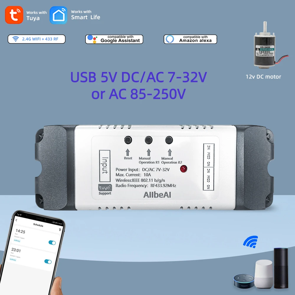 2 Channel Tuya Smart Wifi Motor Switch Module,DC 12V 24V 32V 110V 220V Inching Relay,Alexa Google Alice RF433Mhz  Remote Control