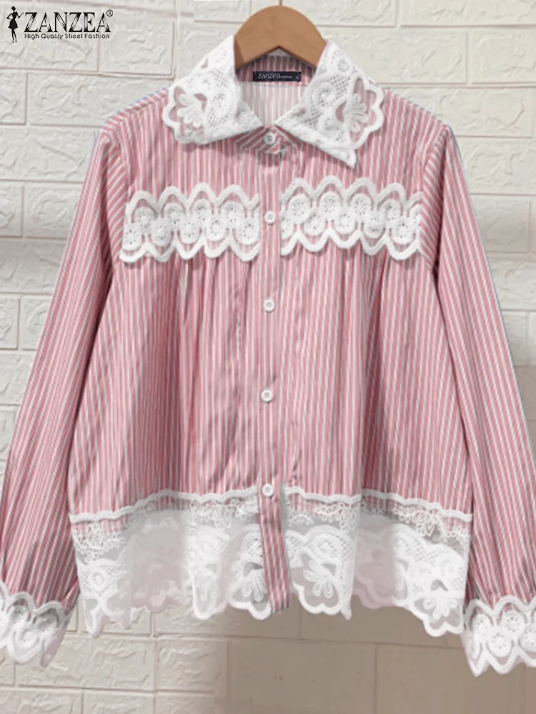ZANZEA Damskie Koszule w Paski Modna Bluzka z Długim Rękawem i Koronką 2025 Codzienna Tunika Patchworkowa Oversize Jednolita OL Do Pracy Falbanki Pulowery