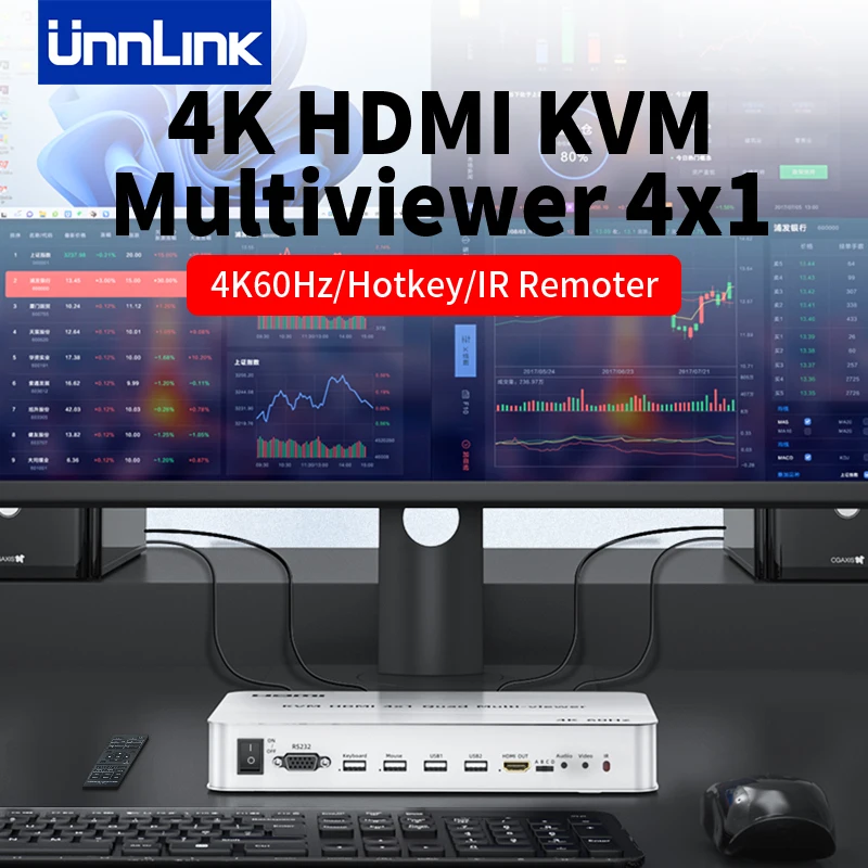 Unnlink 4 k60hz HDMI KVM Multiviewer Switch con Hotkey 4x1 Quad Screen Multi Viewer in tempo reale con telecomando IR per PS4/5 PC a TV