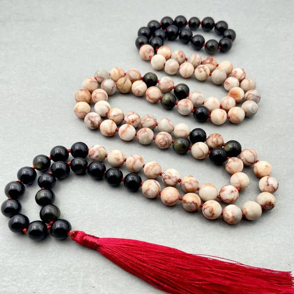

Natural Black Onyx & Red Vein Jasper 108 Beads Mala Necklace with Red Tassel Spiritual Meditation Jewelry
