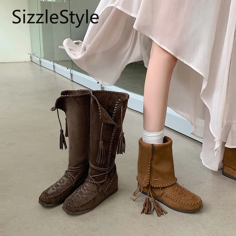 

Fashion Solid Color Braided Leather Tassel Decoration Slip-on Comfortable Flat Heel Women's Mid-calf Boots