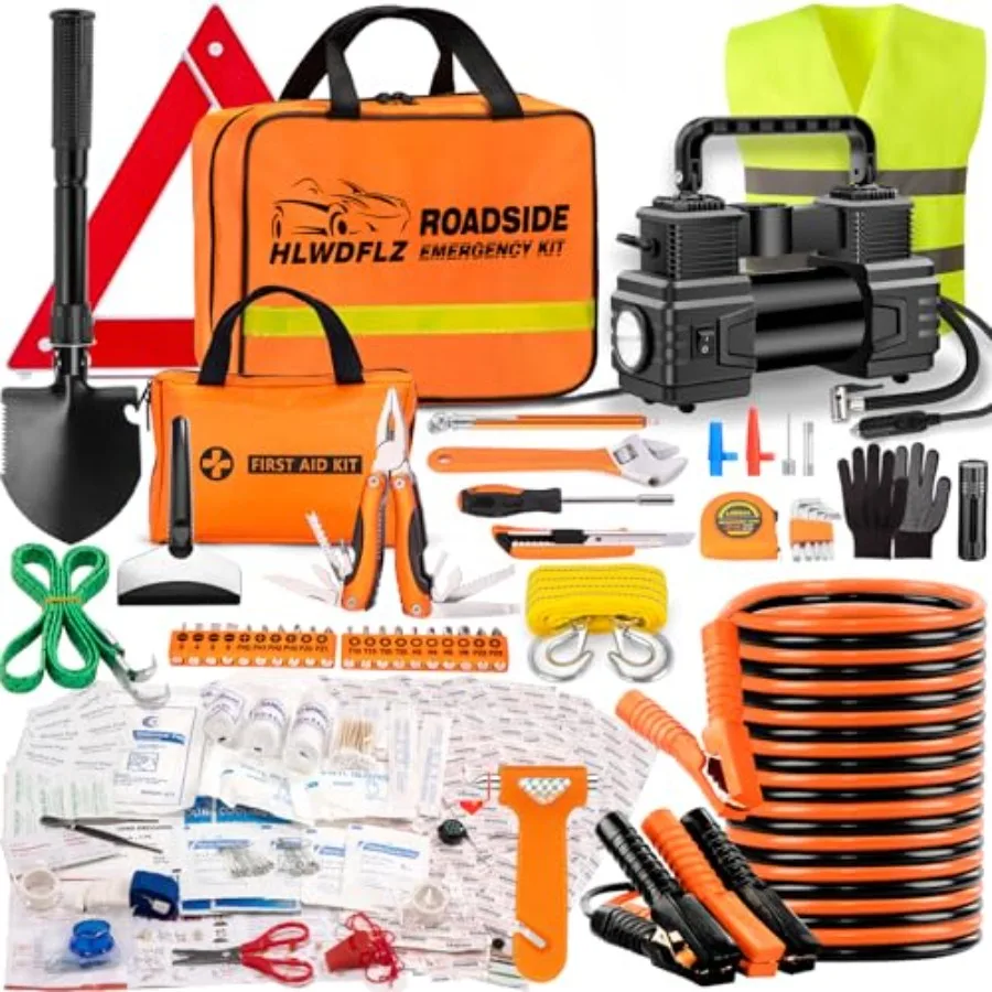 

Car Emergency Kit with Portable Air Compressor - Roadside Assistance Emergency Kit with Jumper Cables First Aid Kit Auto Tool S