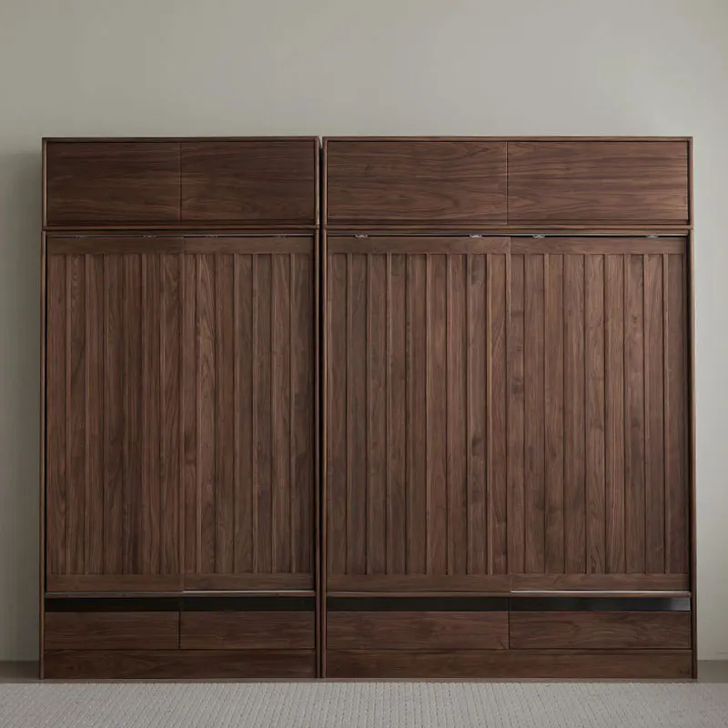 #North American Black Walnut Wardrobe Household Bedroom Sliding Door Sliding Door Storage Combination Nordic Solid Wood To The T