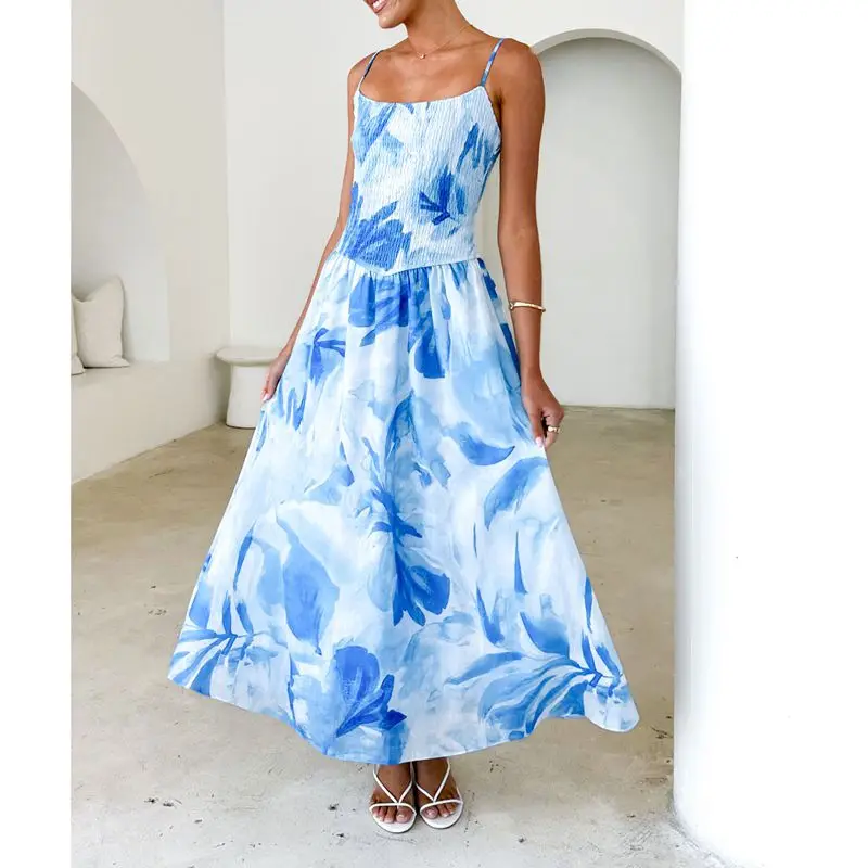 Abito estivo da donna senza maniche con apertura sul retro, spalline sottili, stampa floreale tie-dye, abito da spiaggia lungo a trapezio con smock
