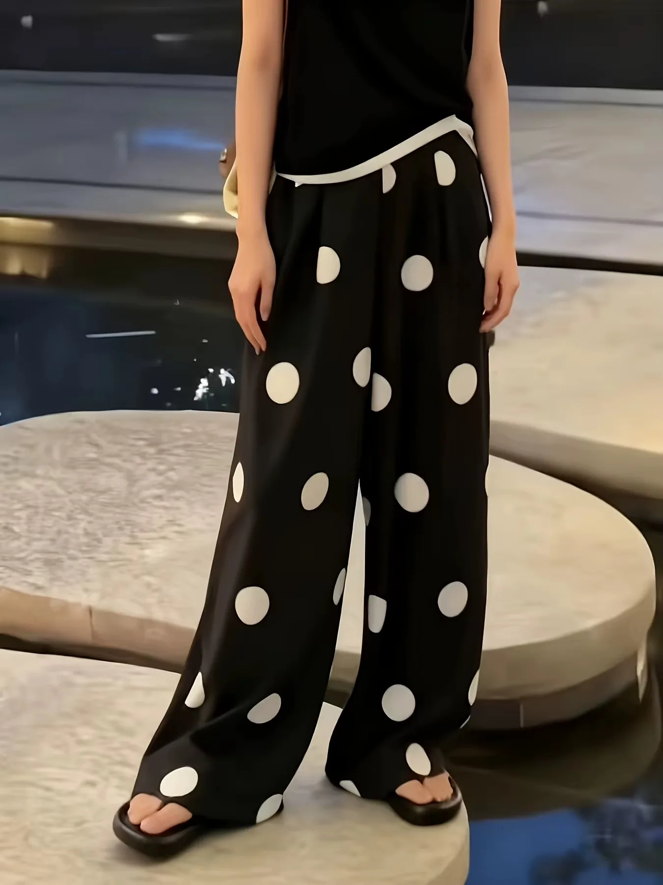 Y2K Big Polka Dot Straight Leg Trousers Unisex Vintage Street Style Contrast Waistband Pants for Party Night Daily Outfit