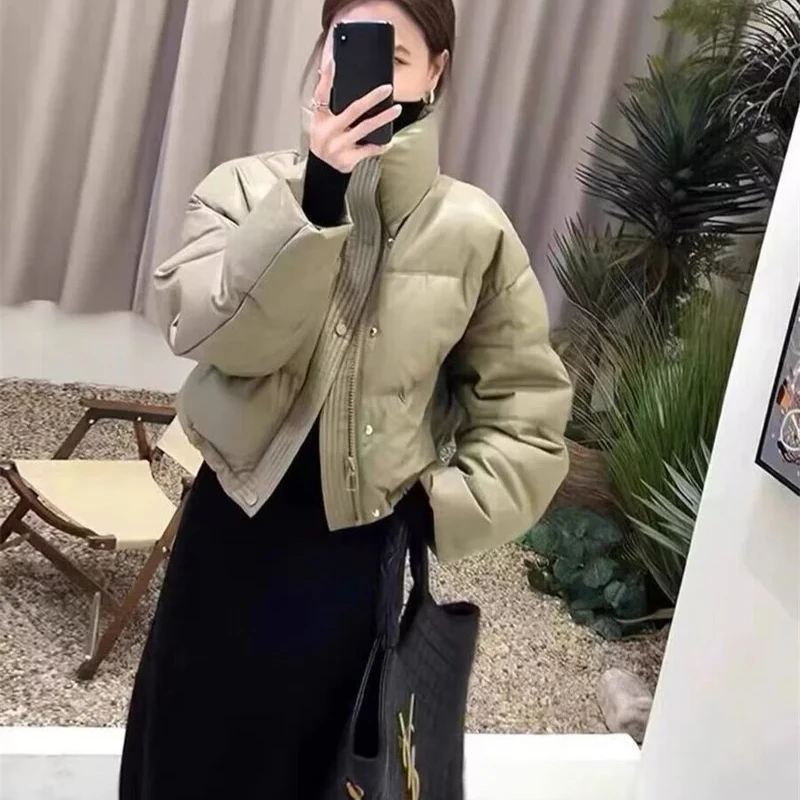 جديد الشتاء النساء سميكة وهمية الرقبة القطن وسادة مبطنة واحدة الصدر جيب عارضة أسفل معطف الشتاء الدافئة فضفاض معطف قصير #2