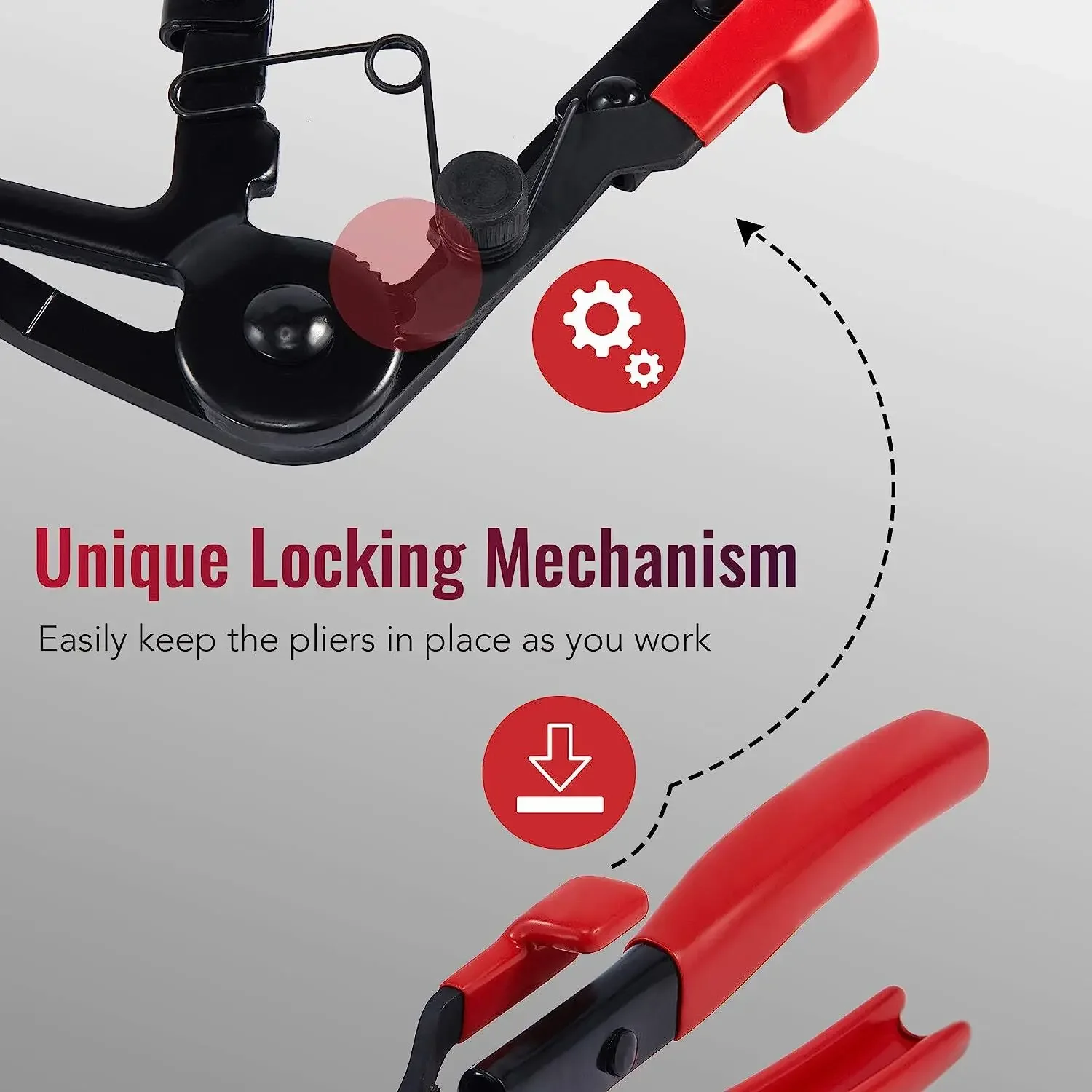 赤色のフレキシブル自動車用ホースクランプクリッププライヤーツールセット、スイベルジョー、フラットアングルバンド