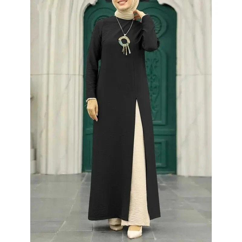 

Muslim Gown Ice Silk Pleated High Slit Long Dr Gown Women's Faion Autumn Collection Chinese Sle Clothing Long Robe