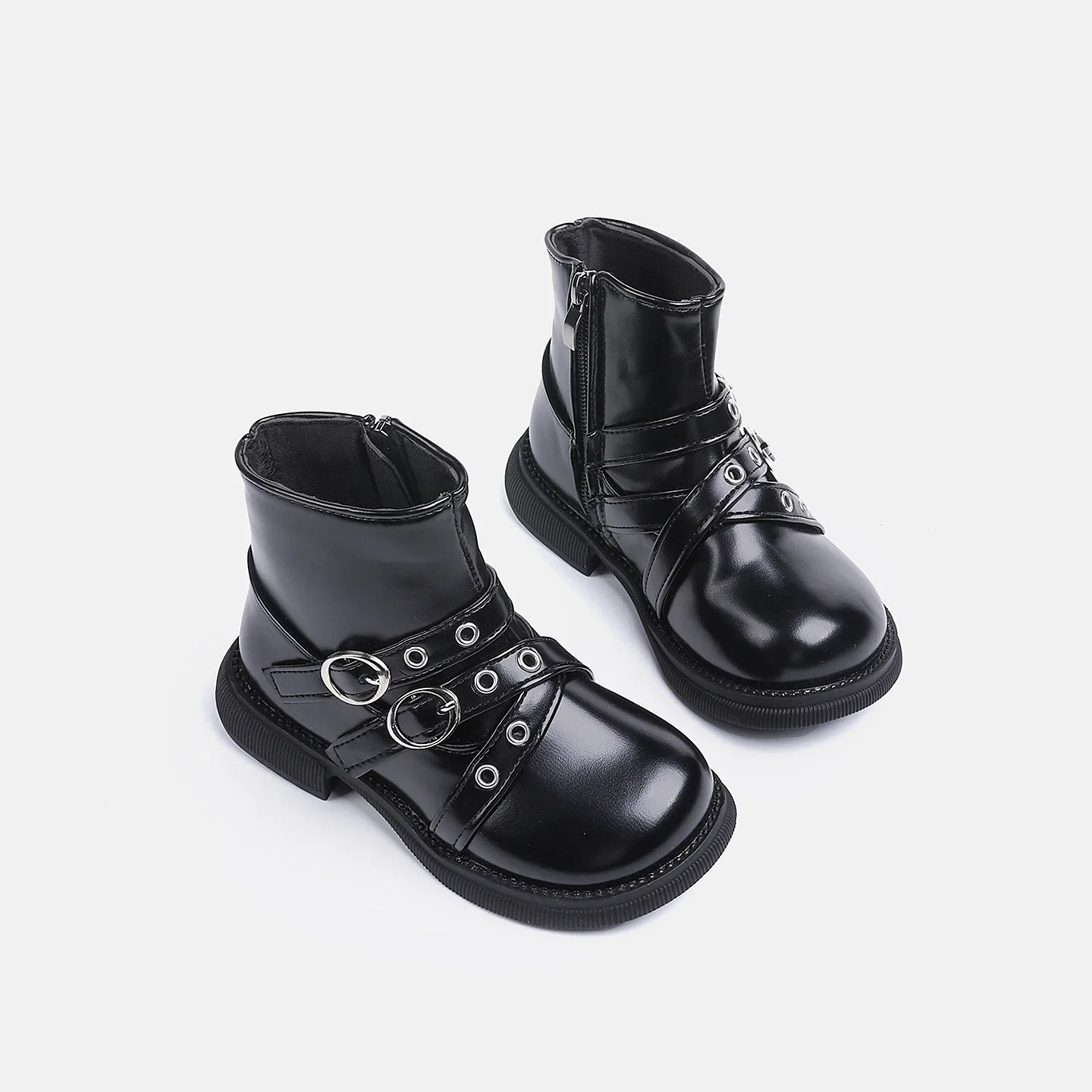 Little Girls Biker Boots, Glossy PU Metal Ring Buckle Straps Inner Zipper Thick Sole Short Boots