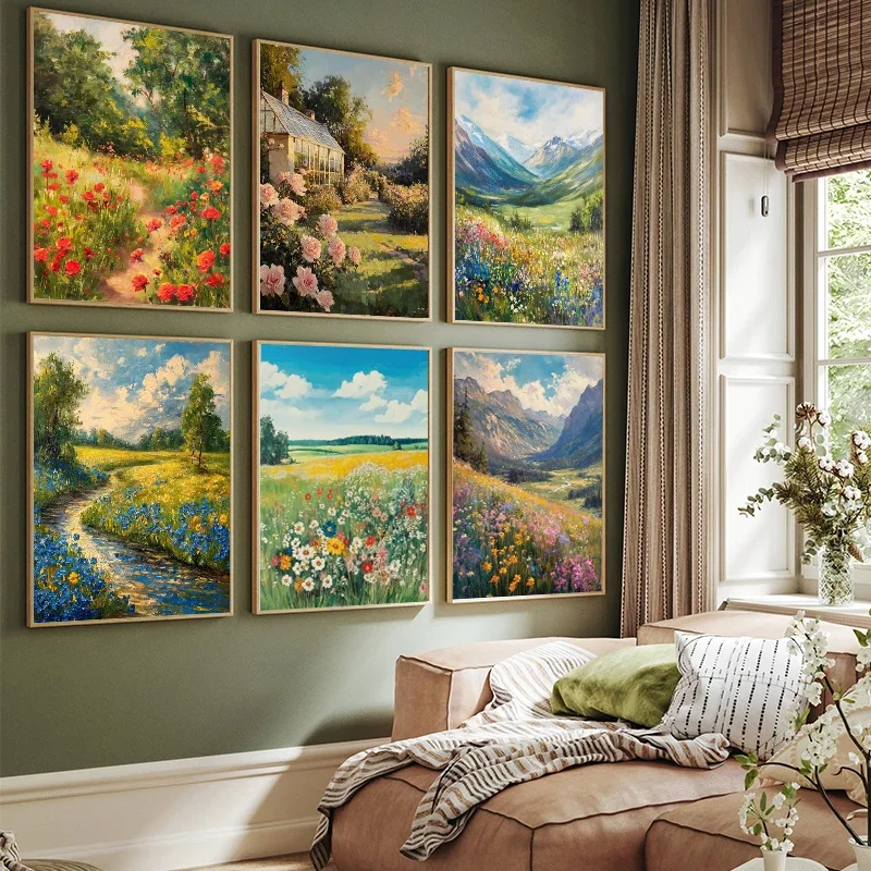 Natural Grassland Floral Scenery Forget Me Not Rose Flower Art Poster Canvas Oil Printing Living Room Bedroom Home Decoration
