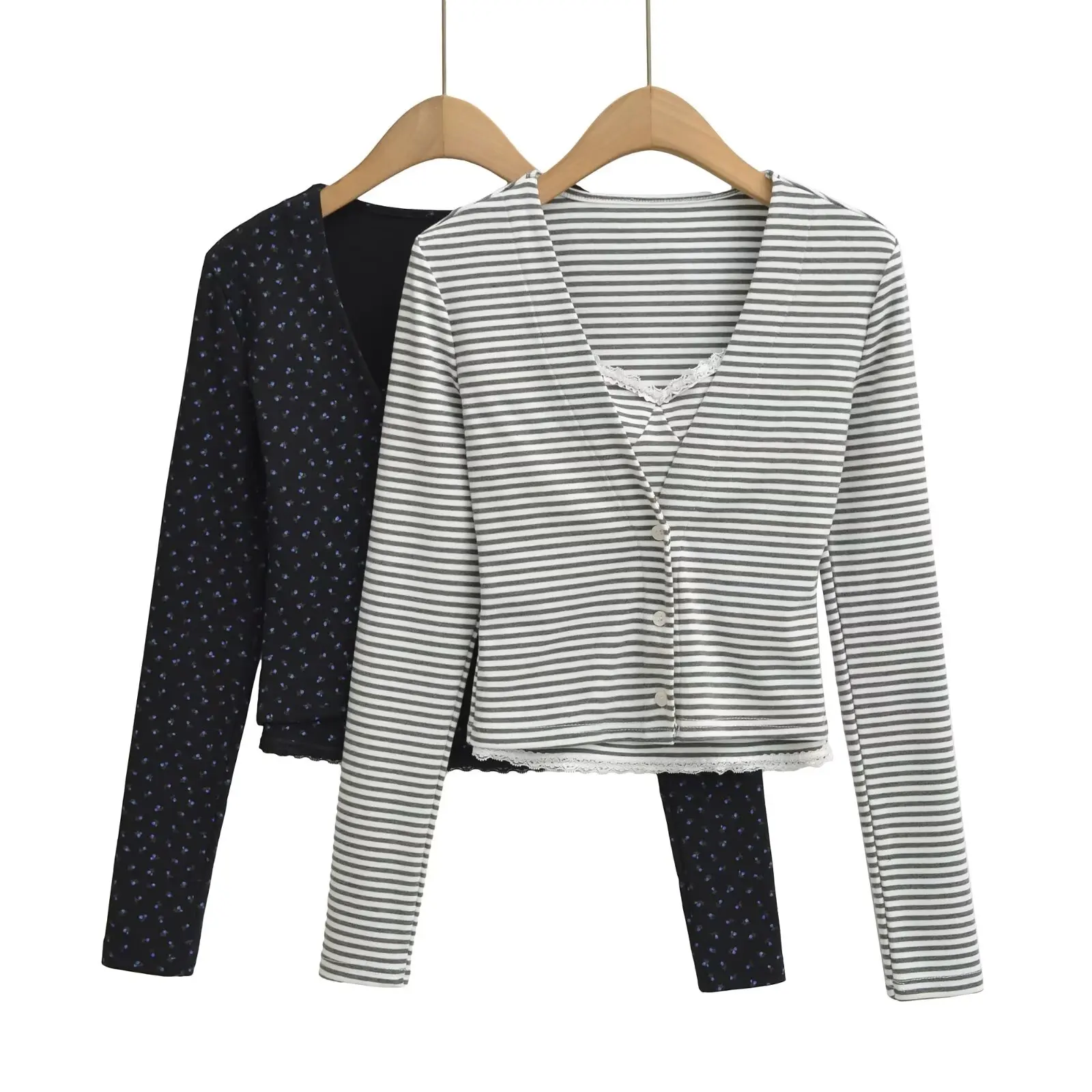 

Women Long Sleeve Knitted Tees With Cami Top Striped Floral Print Elastic Slim Crop Tops Tshirts