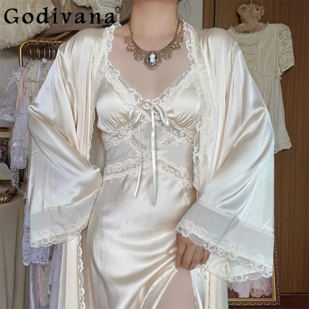 

French Court Style Ice Silk Pajamas Lace Strap Chest Pad Seduction Nightgowns Robe Outer Robe Homewear Set Dress