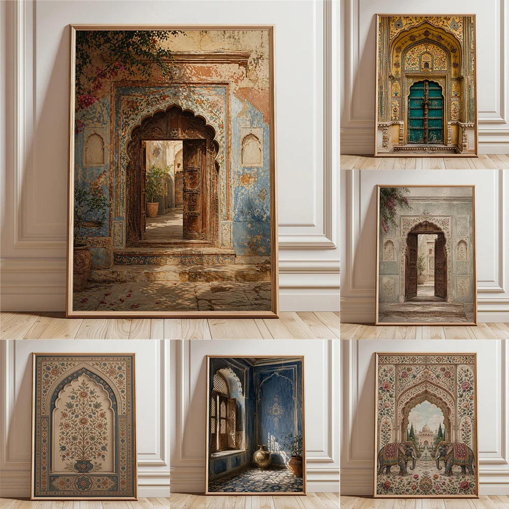 Rajasthani Haveli Doorway Wall Art Prints Indian Architecture Print Poster Blue Jaipur Arch Vintage Palace Entrance Decor