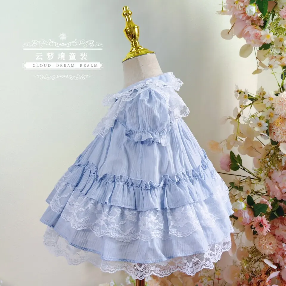 Sommerliches Hellblaues Babykleid mit Feiner Blumenstickerei, Spitze, Peter-Pan-Kragen und Mehrlagigem Rock - Kleinkind Prinzessinnen-Lolita-Kleid – Detail 2