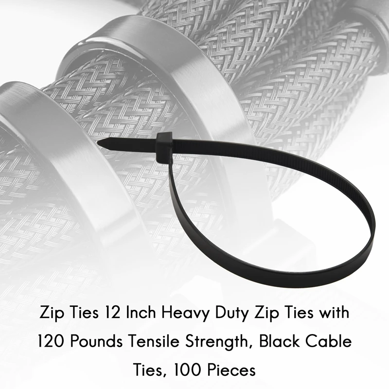 New Zip Ties 12 Inch Heavy Duty Zip Ties With 120 Pounds Tensile Strength, Black Cable Ties, 100 Pieces