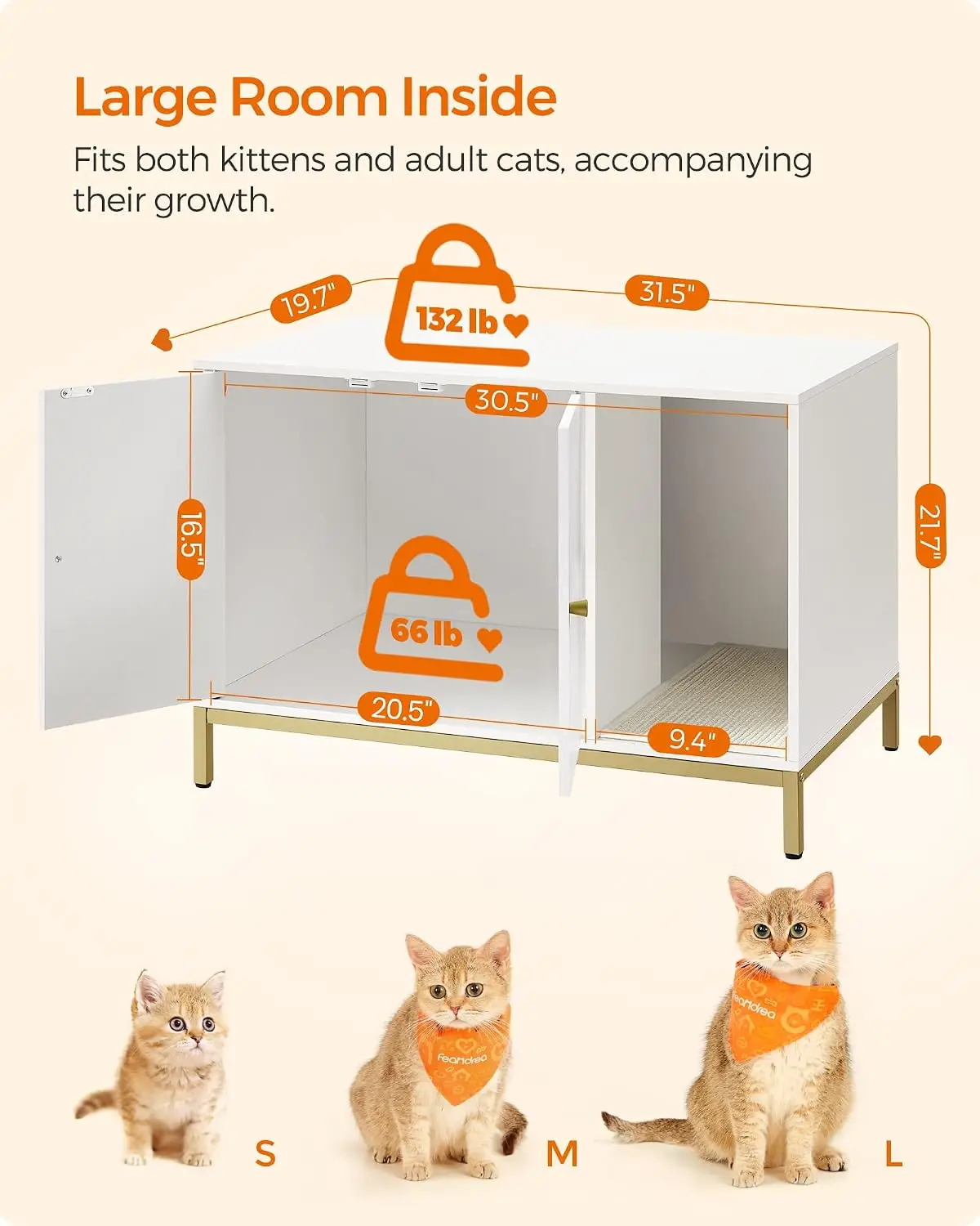 Feandrea Cat Litter Box Enclosure, Hidden Litter Box Furniture with Scratch Pad, Front Entry, Double Cabinet Doors, Modern Style, 31.5" Cat House Washroom Side End Table, White and Gold view 5