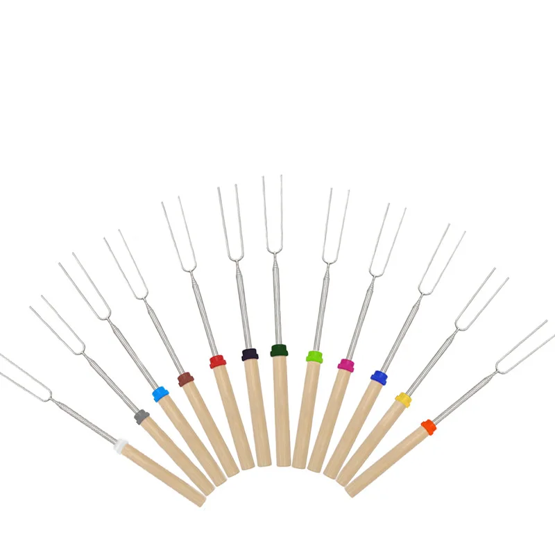 Set Telescopic U-shaped Barbecue Fork Outdoor BBQ Stainless Steel Telescopic Wooden Handle Barbecue Skewer