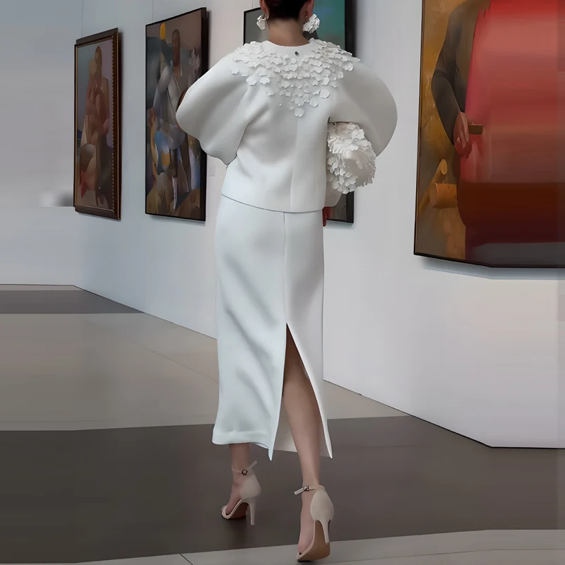 

Women Casual Puff Sleeve Long Skirt Suits Fashion Petals Decoration Solid 2 Piece Sets Elegant V-neck Coat & Half Skirts Outfits