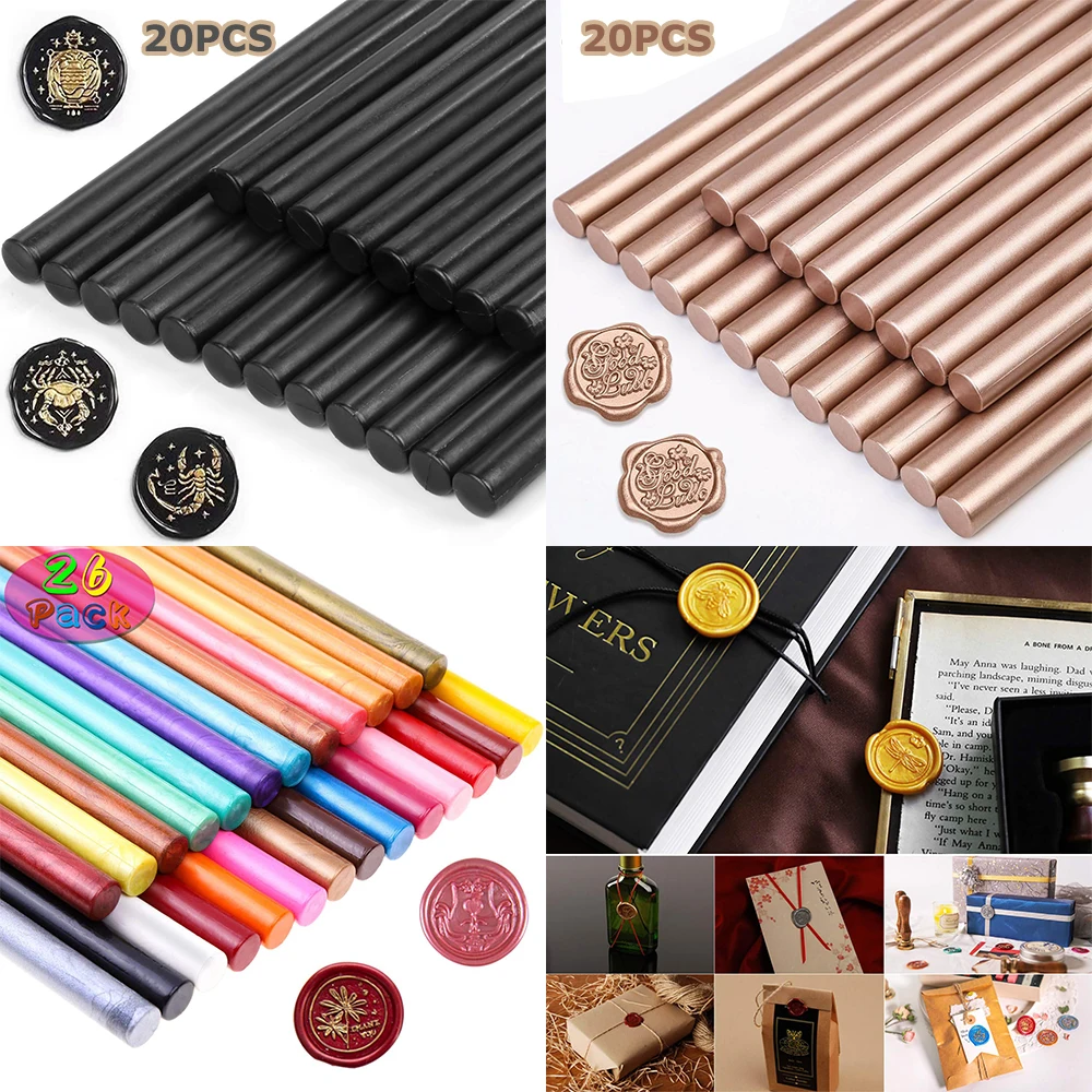 

20-26Pcs Glue Gun Sealing Wax Sticks Black Champagne Assorted Colors Wax Seal Sticks Diy Invitation Envelope Gift Card Decor