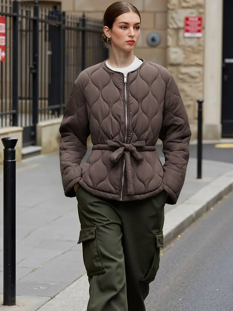 

HH Women Casual Solid Quilted Zipper Coat Long Sleeve O Neck Belts Jacket For Woman Commuting Autumn Winter Warm Outwear