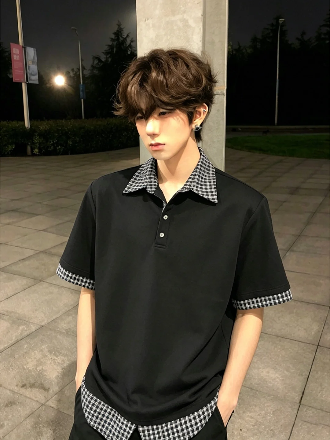 

Black Plaid Splice Fake Two-Piece Shirt Short Sleeve Men's Summer Design American College Style T-Shirt Casual Loose Fit