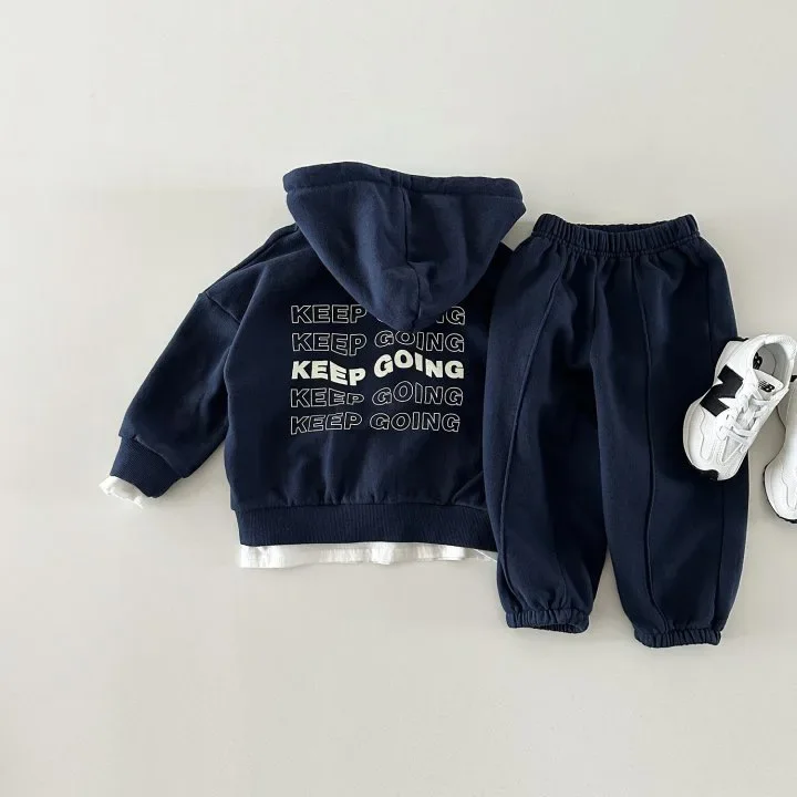 Autumn New 2023 Korean Boys\' and Girls\' Set Letter Zipper Hooded Long Sleeve Sweater  Children\'s Pants Two Piece Set