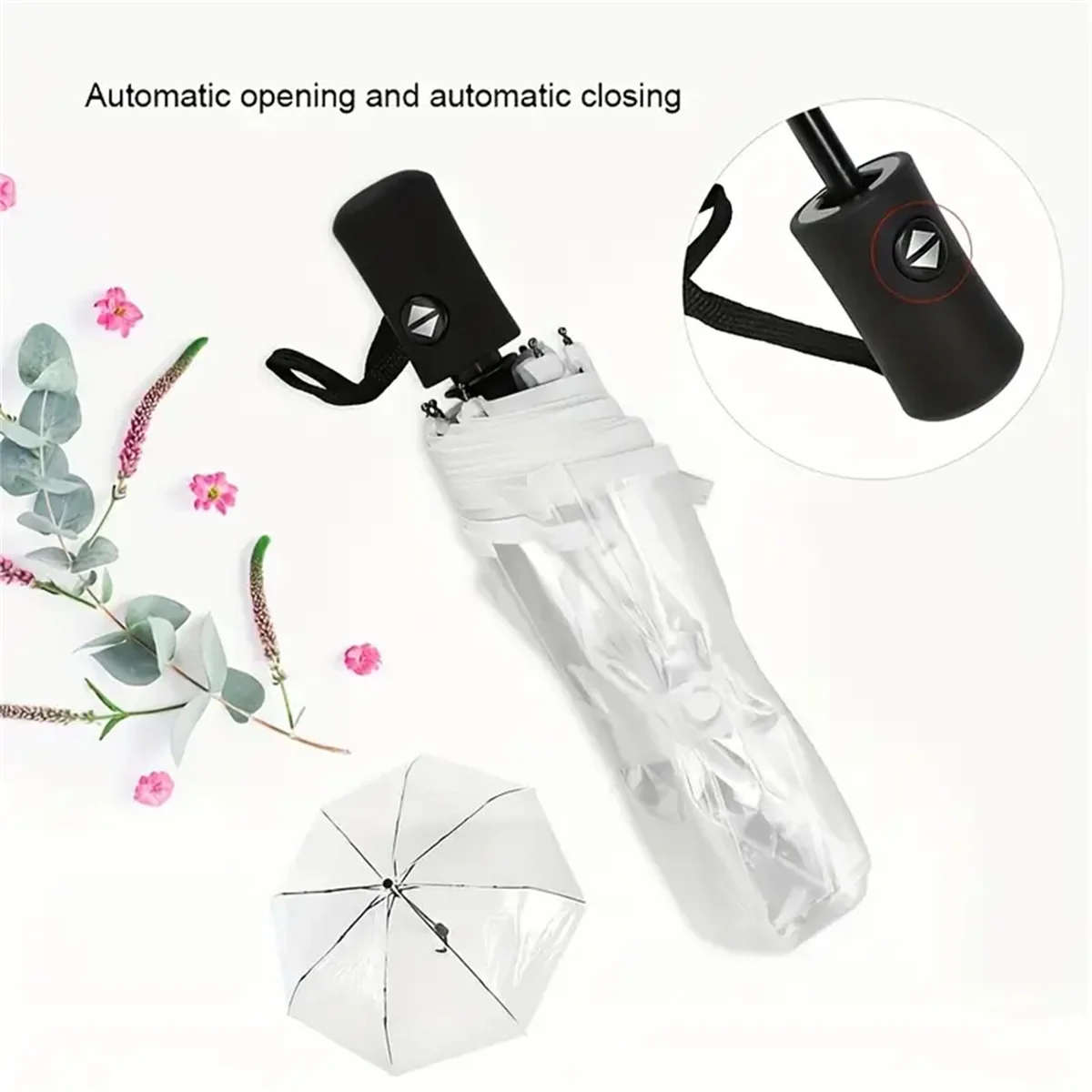 1 piece of fully automatic transparent compact portable automatic tri-fold umbrella, fashionable and simple style transparent wi