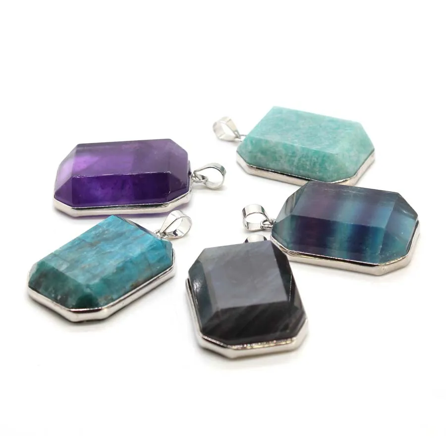 Charms Natural Healing Crystal Rectangle Stone Pendants For Women Amethyst Rose Quartz Apatite Pendant Choice Men Jewelry Gifts