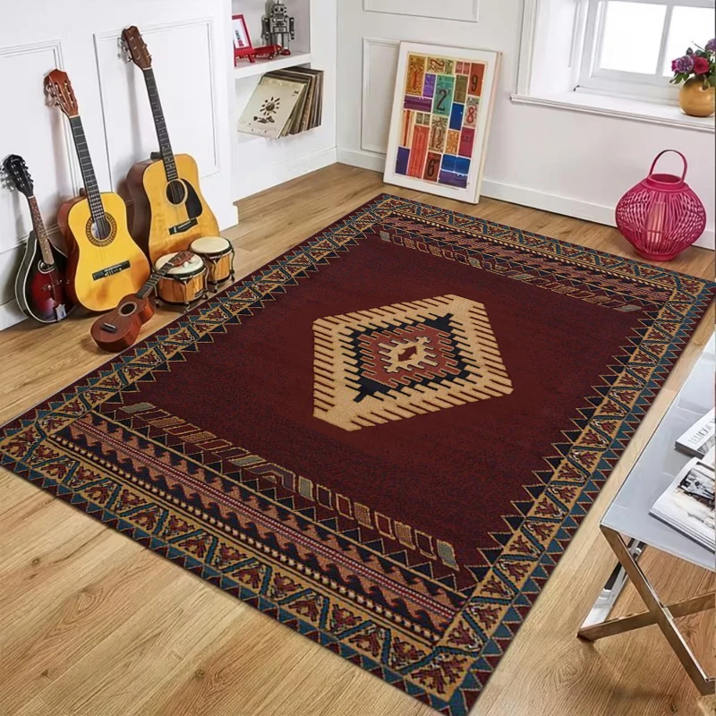 

Southwestern Tribal Geometric Print Area Rug, Burgundy and Beige Floor Mat for Living Room Bedroom Rustic Boho Home Decor Carpet