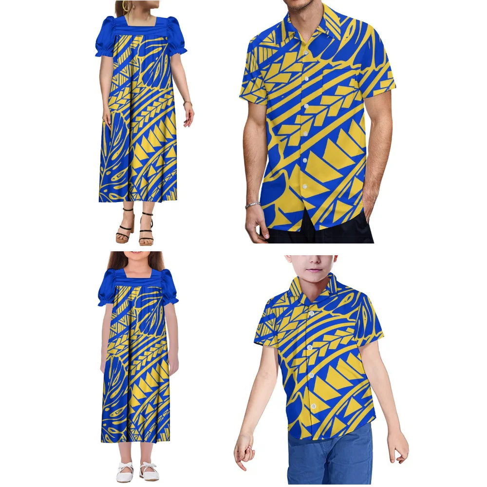 Sommer-Familien-Set, polynesisches Stammesmuster, individuelles Mutter-Tochter-Mumu-Kleid, lässiges Vater-Sohn-Freizeithemd-Oberteil