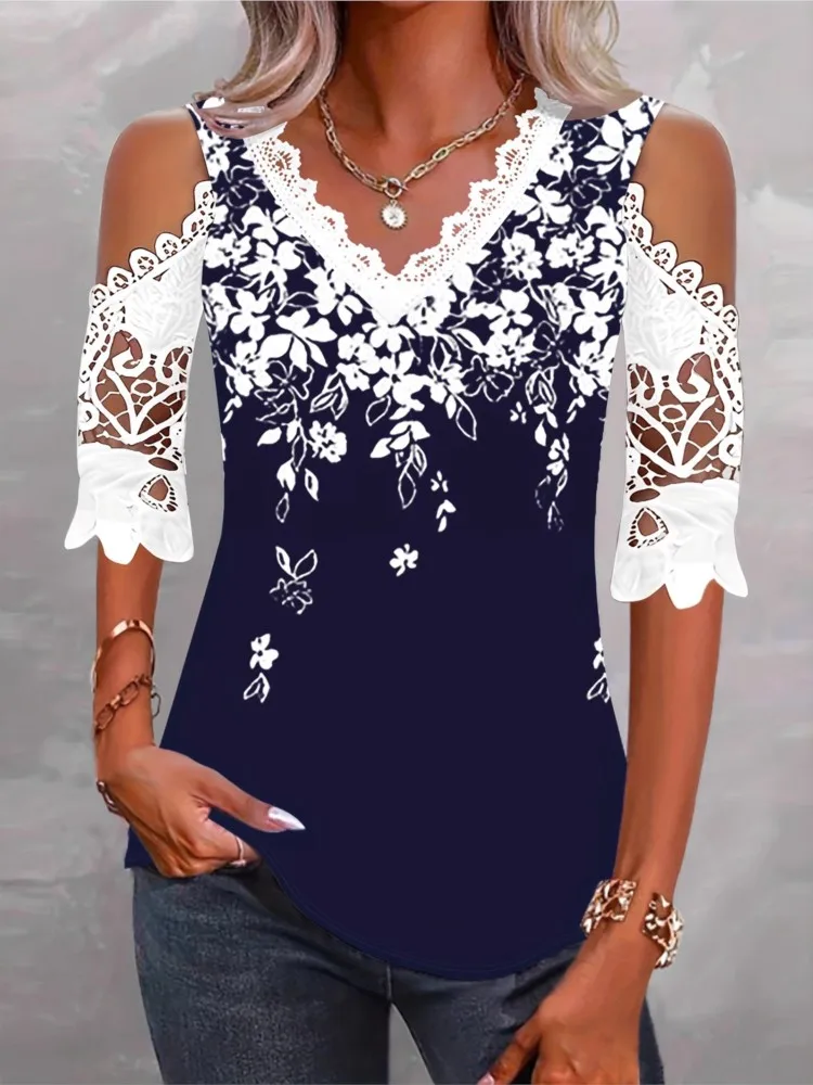 Lace Hook Flower Hollow T Shirt Lady Fashion Print Short Sleeve Off Shoulder V Neck Tshirts Tops For Women Casual Holiday Boho