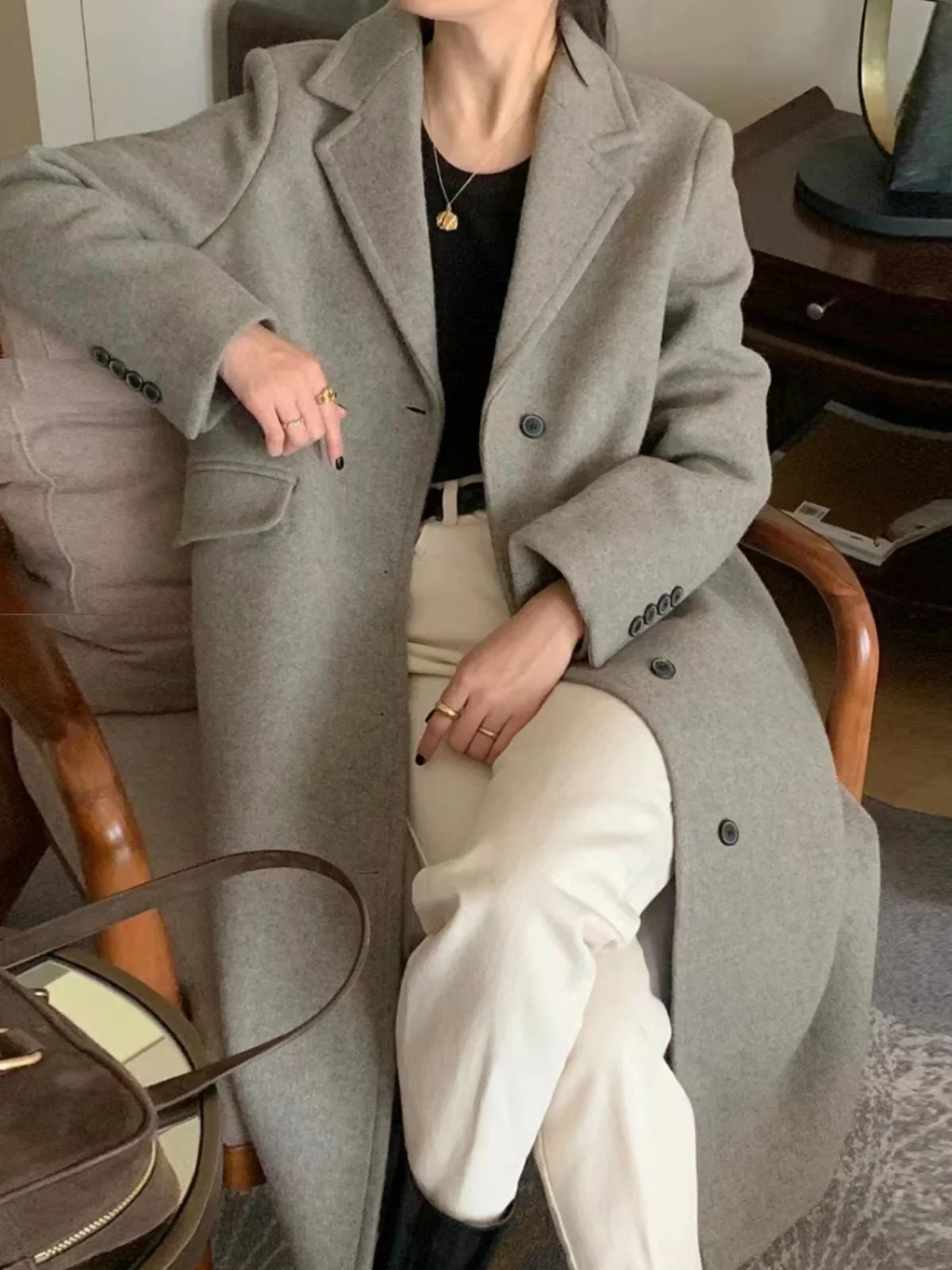 

Korean Style Long Woolen Coat Women's Elegant Suit Collar Single Button Loose High-End Feeling Tweed Outerwear