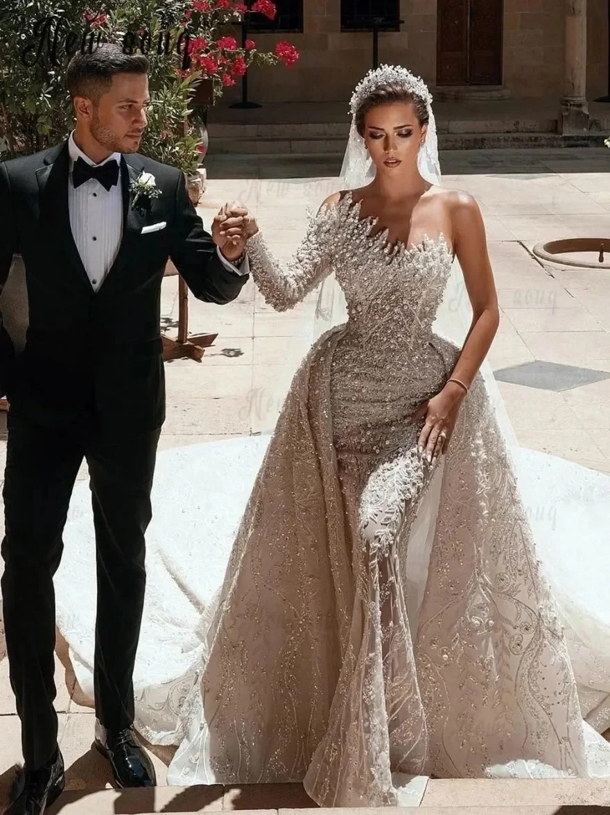 Customized Pearls Wedding Dress Overskirt Dubai One Shoulder Beaded Bridal Gowns Customized Arabic Robe De Mariee