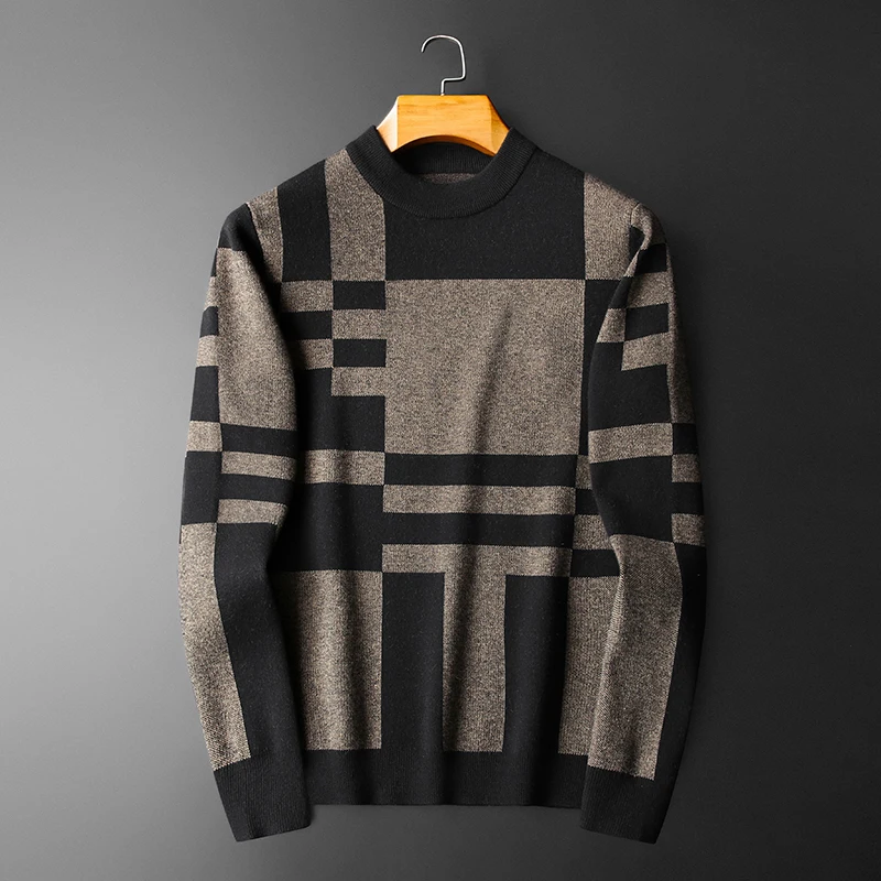

Модный брендовый вязаный шерстяной свитер с высоким воротником, утепленный, зимний, мужской, базовый, с вышивкой, стильная молодежная повседневная одежда