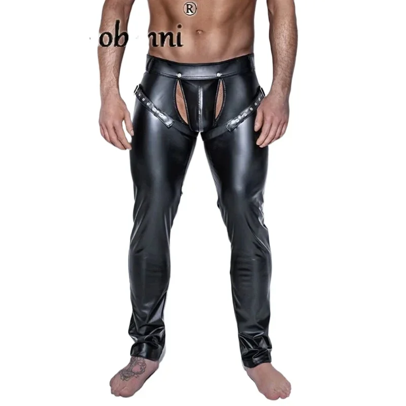 Erotic Men Faux PU Leather Pants Male Wetlook Latex Trousers Open Front Pole Dance Pants Gay Fetish PVC Pants Clubwear Costumes