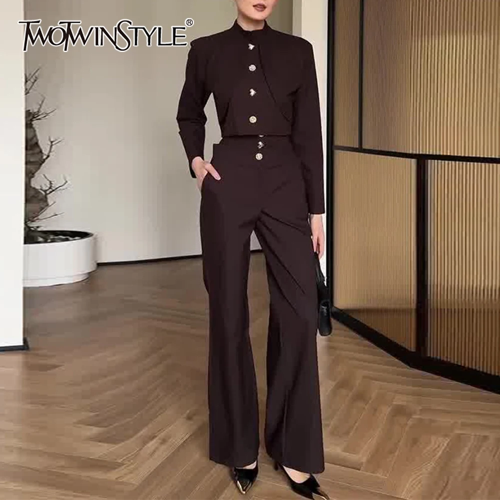

TWOTWINSTYLE Solid Spliced Buttons Two Piece Set for Women Stand Neck Long Sleeves Short Top High Waist Flare Pant Sets Female