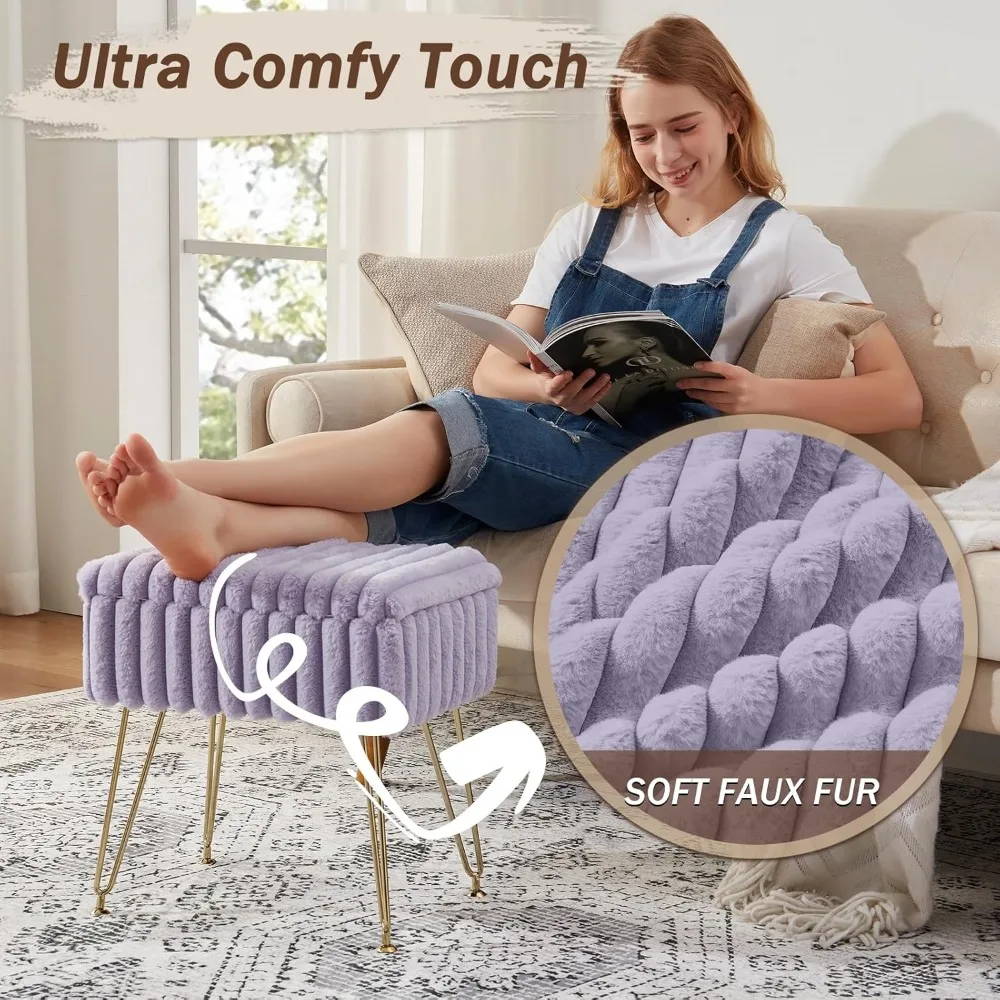 Pufa do przechowywania ze sztucznego futra ze złotymi nogami, fioletowy podnóżek do makijażu do salonu i sypialni